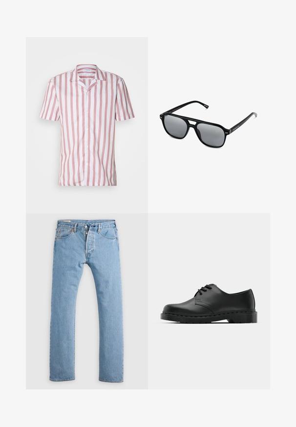Camicia a maniche corte con righe verticali rosa e bianche, realizzata in tessuto leggero, con colletto e chiusura frontale con bottoni.; Jeans in denim azzurro chiaro a gamba dritta con chiusura a bottoni, passanti per cintura e tasche anteriori e posteriori, esposti su uno sfondo bianco.; Scarpa oxford in pelle nera con design con lacci, punta arrotondata, suola piatta in gomma e dettagli di cucitura discreti lungo la parte superiore.; Occhiali da sole neri con montatura rettangolare, lenti grigie oscurate e design con intaglio sul ponte. Materiale plastico lucido e slanciato, con tempie sottili.