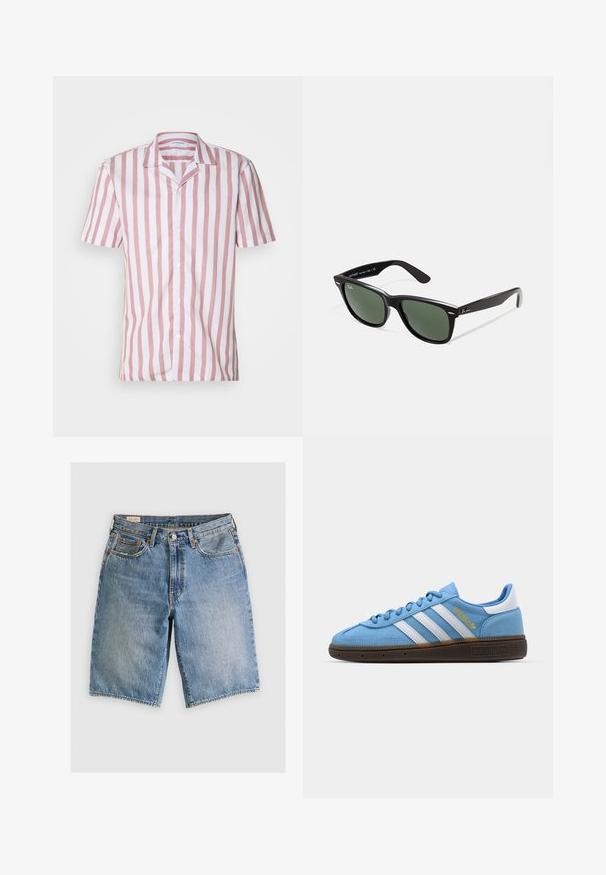 Koszulka z krótkim rękawem w różowo-białe pionowe paski, wykonana z lekkiego materiału, z kołnierzykiem i zapięciem na guziki z przodu.; Jasnoniebieskie szorty dżinsowe o klasycznym kroju. Posiadają pięć kieszeni, akcenty pomarańczowego przeszycia oraz surowe wykończenia brzegów.; Jasnoniebieskie zamszowe trampki z białymi skórzanymi paskami, brązową teksturowaną podeszwą i złotym logo. Niskoprofilowy design z zaokrąglonym czubkiem.; Czarne plastikowe okulary przeciwsłoneczne z zielonymi szkłami, kwadratowe oprawki, srebrny akcent na brwi oraz fakturowane ramiona temple. Nazwa marki podana na wewnętrznej stronie ramion.