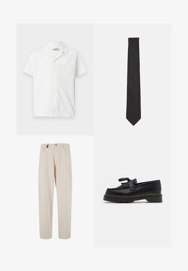Bela srajca s kratkimi rokavi iz teksturiranega blaga, z odprtim ovratnikom, sprednjim žepom in zapenjanjem na gumbe. Oblika je lahka in sproščena.; Bež bombažne hlače s ravnim krojem, ki imajo sprednje žepe in gumbasto zapiranje. Gladka tekstura z minimalnimi detajli.; Črne usnjene loafersice s kaširanim naglasom, z debelim črnim podplatom in rumenim šivom ob robu. Teksturirana površina.; Črna kravata iz gladkega materiala, z ozko, podolgovato obliko in konico v obliki konice, brez vidnih vzorcev ali dodatkov.