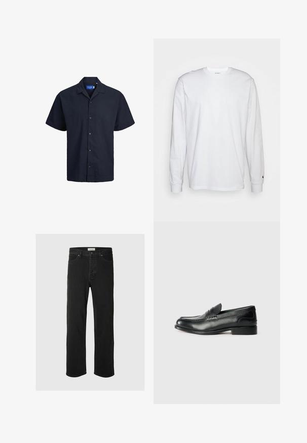 Jack & Jones Hemd - sky captain; Weißes Langarm-T-Shirt aus Baumwolle. Rundhals-Design mit gerippten Bündchen und kleinem Logo auf dem linken Ärmel. Glatte Textur.; Schwarze Denim-Jeans im Straight-Leg-Schnitt verfügen über ein klassisches Fünf-Taschen-Design mit Knopfverschluss, minimaler Naht und einer weichen Textur.; Schwarze Lederloafers mit glatter Oberfläche, gesteppten Details über dem Vorderblatt und einem leicht erhöhten Absatz.