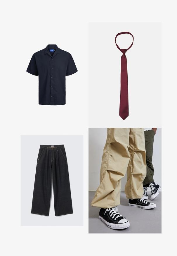 Jack & Jones Košeľa - sky captain; Tmavo modré široké nohavice s plisovaním na prednej strane, šikmými vreckami, pútkami na opasok a zapínaním na gombík v páse označeným "WEEKDAY".; Čierne vysoké tenisky na plátne s bielymi gumovými podrážkami, skombinované so svetlo béžovými voľnými nohavicami s bočnými vreckami a uvoľneným strihom.; Bordová saténová kravata s hladkým povrchom, úzkou šírkou a špicatým koncom; obsahuje slučku pre jednoduché nosenie.