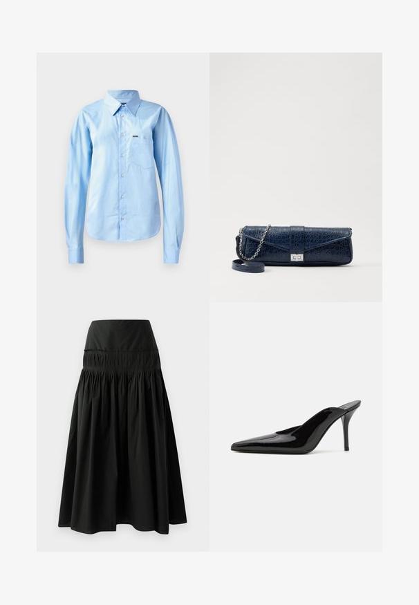 Lys blå skjorte med knapper i glat stof, langærmet, med struktureret krave, enkelt brystlomme og subtilt brandingdetalje.; Sort knælang nederdel lavet af glat stof, med en tætsiddende talje og rynket design for fylde.; Sorte lakerede højhælede mulesko med spids tå og en slank silhuet, der har åben hæl og en slank stilettohæl.; Mørkeblå læder clutch med krokodilleskin, sølv kædesti og metallisk lukning. Firkantet form med fold-over design.