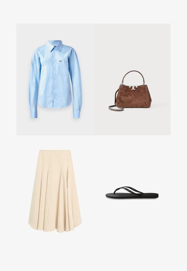 Light blue button-up shirt in smooth fabric with long sleeves, structured collar, single chest pocket, and subtle branding detail.; Beige midi-length A-line skirt with pleats, made of lightweight fabric, featuring a smooth waistband and flared hem.; Black flip-flop featuring a textured rubber sole, two slender straps, and a subtle, embossed logo detail on the strap.; Brown suede handbag with a structured shape, silver logo hardware, short handle, and a detachable shoulder strap. Smooth texture, minimalist design.