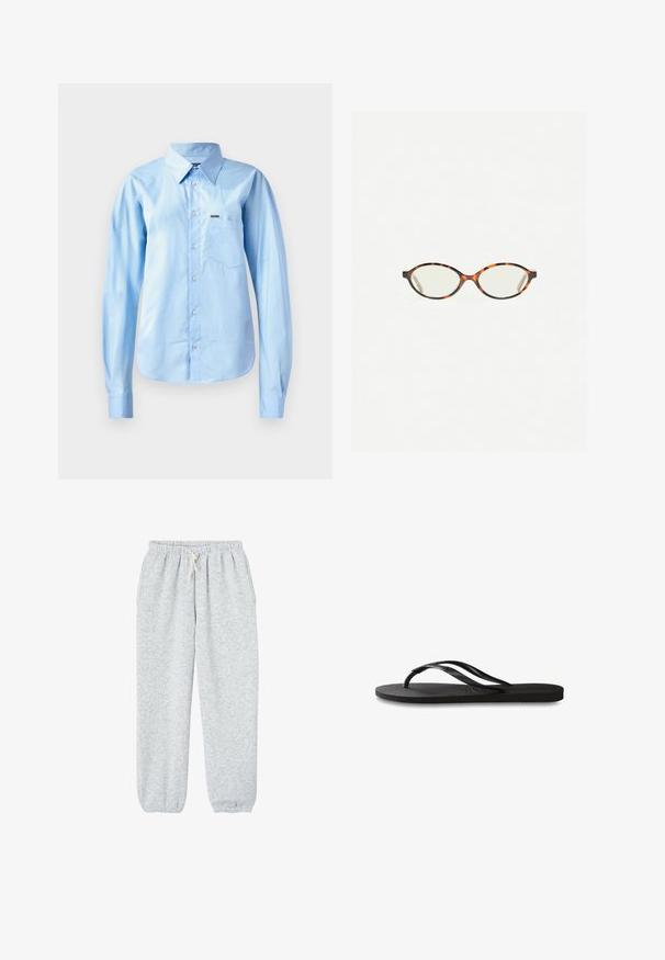 Light blue button-up shirt in smooth fabric with long sleeves, structured collar, single chest pocket, and subtle branding detail.; Gray sweatpants made of soft fabric, featuring an elastic waistband with a drawstring, and elastic cuffs at the ankles.; Black flip-flop featuring a textured rubber sole, two slender straps, and a subtle, embossed logo detail on the strap.; Tortoiseshell eyeglasses with oval lenses and a sleek, smooth finish. Features thin sides with a subtle curve at the temples. Clear lenses.
