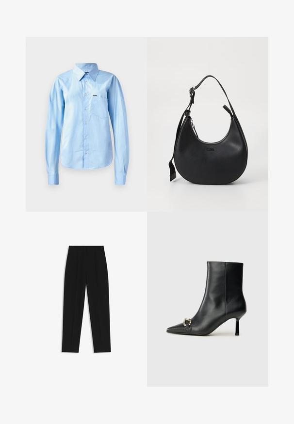 Lichtblauw overhemd met lange mouwen in een soepele stof, gestructureerde kraag, een enkele borstzak en subtiele merkdetails.; Zwarte broeken met een rechte pasvorm, voorzien van dubbele plooien, een zachte textuur en een klassiek taillebandontwerp. Geen zichtbare hardware of accenten.; Zwarte leren enkelboot met spitse neus, slanke middenhoge hak en zilveren gespdetail aan de zijkant op een effen achtergrond.; Zwarte leren schoudertas met een gebogen vorm, ritsluiting en verstelbare schouderband. Voorzien van het reliëf logo van het merk aan de voorkant.
