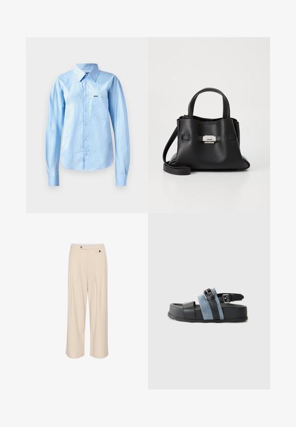 Camicia button-up azzurra chiara in tessuto liscio con maniche lunghe, colletto strutturato, taschino sul petto e dettaglio di branding sottile.; Pantaloni beige a gamba larga con davanti piatto, due tasche laterali, chiusura con bottone e dettagli plissettati per un tocco di texture e design.; Sandalo nero e blu con una piattaforma spessa, materiale in pelle e denim, fibbia regolabile e design open-toe.; Borsa a tracolla in pelle nera con finitura textured, dotata di due manici superiori, una tracolla rimovibile e un dettagli di chiusura in argento.