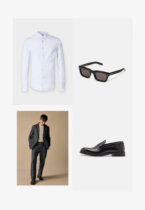 Šviesiai mėlynas ilgomis rankovėmis marškinis su mygtukų kišenėmis, penki mygtukai priekyje ir lygi, šiek tiek blizgi medvilnės tekstūra.; Pilkas pritaikytas kostiumas su įpjovomis apykaklėmis ir priekinėmis kišenėmis, derinamas su dryžuotu marškiniais. Kelnės turi laisvą siluetą ir raukšlėtą detalizavimą. Rudos bateliai.; Juodos odinės loafers, turinčios lygų paviršių, apvalią noselę ir dekoratyvinę juostą per priekinę dalį. Žemas krentantis kulnas, minimalistinis dizainas.; Juodos stačiakampės akinių nuo saulės su tamsiais objektyvais, storu plastiko rėmu, auksinėmis detalėmis ant šventyklų ir prekės ženklo logotipu išgraviruotu ant šono.