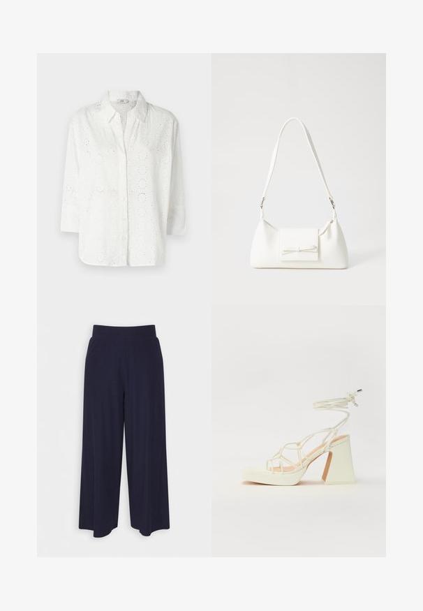 Hímzett anyagból készült fehér ing, szemcse kivágásokkal, gallérral és háromnegyedes ujjakkal.; Sötét kék anyagból készült, széles lábú nadrág, bordás textúrával. Simább derékrésszel és laza szabással rendelkezik, a vádli közepéig ér.; Fehér, magassarkú szandál vastag sarokkal, pántos dizájnnal és bokapánttal. Sima textúra, elülső platformmal a megnövelt magasság érdekében.; Fehér szintetikus kézitáska, háromszög alakú, lapos előlap, masni részlettel, állítható pánttal, sima textúrával és minimalista dizájnnal.
