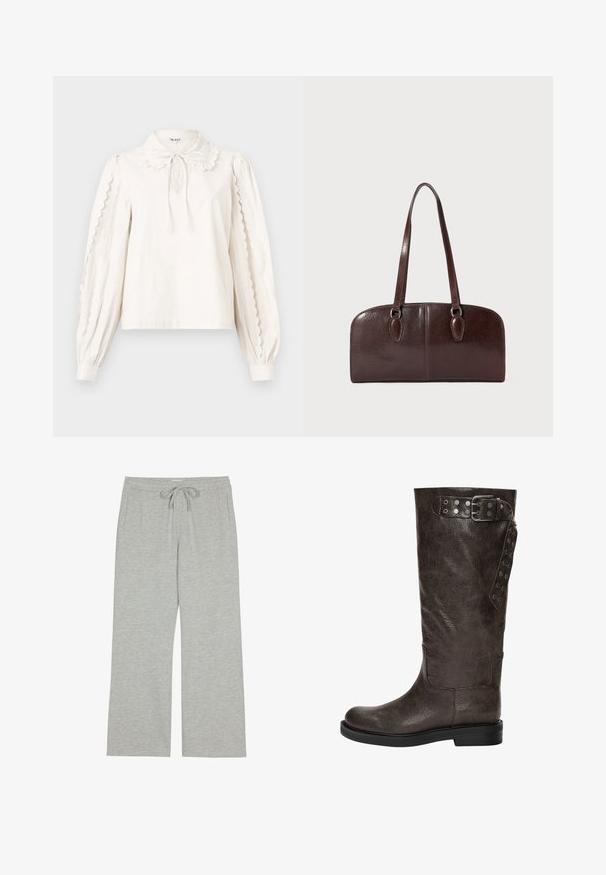 Blusa bianca a maniche lunghe con bordi scallopati sulle maniche, colletto Peter Pan con fiocco annodato e polsini con bottoni.; Pantaloni tuta grigi chiari realizzati in un morbido tessuto testurizzato, con cintura regolabile e tasche laterali; vestibilità ampia e rilassata.; Stivale in pelle marrone fino al ginocchio con una finitura texturizzata, dotato di una fibbia e di dettagli a scatto laterali, e una suola di gomma piatta.; Borsa in pelle marrone con due manici lunghi, forma rettangolare strutturata, superficie liscia e angoli arrotondati. Presenta dettagli di accentuazione sui manici.