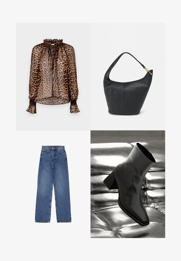 Alice + Olivia NORAH TIE PEASANT - Bluse - brown; Denim jeans med høj talje og bred ben, med en klassisk blå vask, synlig syning og metalhardware på frontlommen.; Sorte ankelstøvler lavet af glossy materiale med firkantet tå og spidse hæle, sat mod en skinnende sølv tuftet baggrund.; Sort læderhandtaske med en rund form, bred rem og textured finish. Har en subtil sømdetalje og en hardware i gyldent tone.