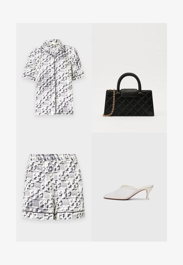 Short-sleeve shirt in white with a navy abstract pattern, featuring a classic collar and contrasting black piping along the edges.; White shorts featuring a black abstract pattern, elastic waistband, and solid black trim along the hem. Made from a lightweight fabric.; White mesh pointed-toe mule with a slim mid-height heel and slip-on design against a plain background.; Black handbag made of textured leather, featuring a diamond pattern, gold-tone chain strap, and a top handle with a logo-embossed flap closure.