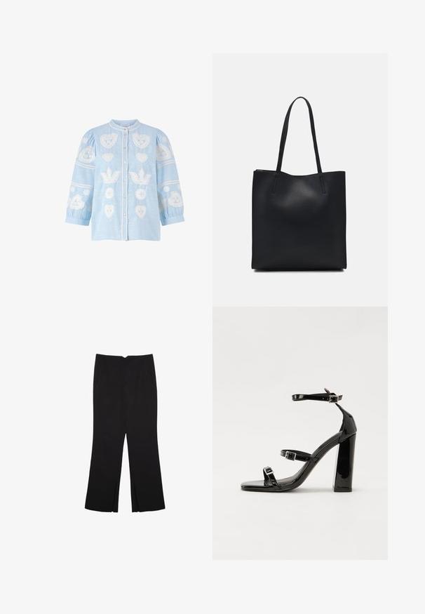 Rich & Royal Bluza z gumbi - skyway blue; Črne hlače ravnega kroja z naglavnimi žepi in stranskimi razporki na robu. Narejene iz mehke, gladke tkanine. Primerne za različne priložnosti.; Črne lakirane sandale s peto, kvadratnim prstom, trakovi okrog gležnja in srebrnimi zaponkami. Opremljene so s stabilno Debelo peto.; Črna usnjena torba s svilnato teksturo, pravokotne oblike in dvema dolgima ročajema. Brez vidnih metalnih delov ali okrasnih elementov.