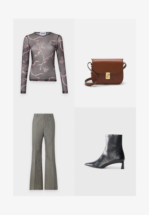 Melna garām piedurknēm caurspīdīga blūze ar rozā ziedu vītnes rakstu, apaļu kakla izgriezumu un pieguļošu dizainu. Izgatavota no viegla, elastīga materiāla.; Pelēkās izplestu bikses, kas izgatavotas no tekstūrēta auduma, ar pielāgotu pielaidi, smalku tarkšķu rakstu un priekšējām locījumiem, lai nodrošinātu elegantu izskatu.; Melnas ādas potītes zābaki ar norādītu pirkstu un elegantu dizainu. Iezīmē zemu papēdi un rāvējslēdzēja aizdari aizmugurē. Gluda tekstūra.; Bordo ādas rokas soma ar atloku, zeltītām detaļām, plecu siksnu un gludu virsmu. Kompakta, taisnstūrveida forma.