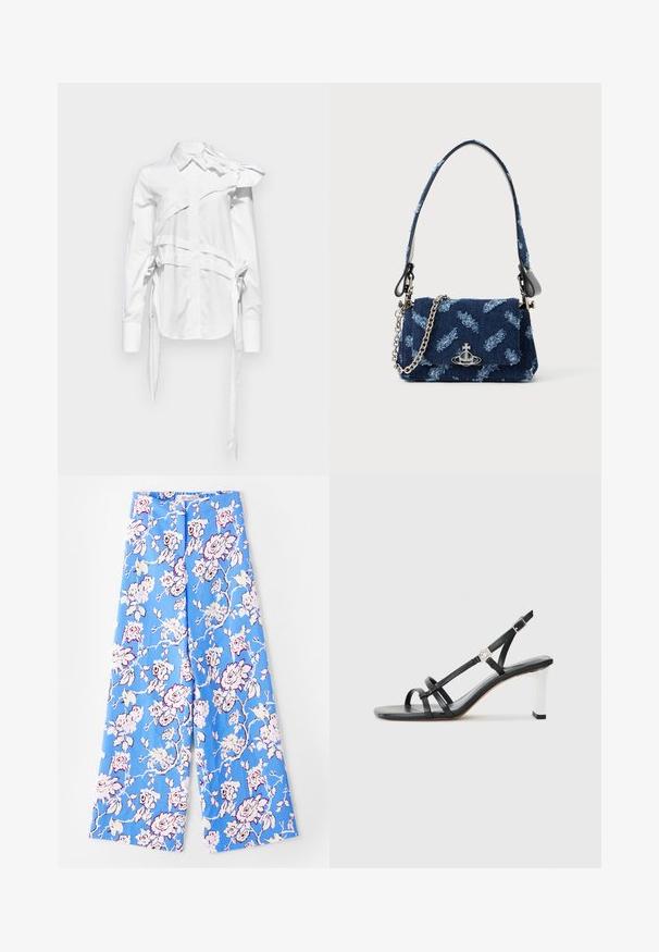 Camelia con un design asimmetrico unico, caratterizzata da un grande fiocco su una spalla, dettagli a cravatta ai lati e un colletto classico.; Pantaloni floreali blu con un motivo di rose pastello. Il tessuto è morbido e ha una vestibilità comoda, gambe larghe e una cintura elastica.; Sandali neri con tacco alto caratterizzati da molteplici cinghie sottili, design slingback e un accento in argento sul tacco. Materiale superiore liscio e tacco quadrato.; Borsa in tessuto blu navy con un design testurizzato, hardware in argento e una tracolla catena removibile. Presenta una chiusura a pattina e un accento con logo.