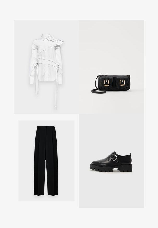 Balta marškiniai su unikaliu asimetriniu dizainu, dideliu kaspinu ant vieno peties, raišteliais šonuose ir klasikinėmis apykaklėmis.; Juodos plačios kelnės su aukštu liemeniu, su klostėmis ir glotnia tekstūra. Medžiaga atrodo lengva ir dailiai krenta.; Juodos odinės bateliai su masyviu, grioveliuotu padu, su apvaliu sidabro detalės akcentu ir minimaliais siuvimo elementais.; Juodas odinis per petį nešiojamas krepšys su dviem priekiniais kišenėmis, auksiniais sagtimis, užtrauktuko uždarymu ir siauromis petnešomis. Textūruota paviršius ir kompaktiškas stačiakampis formatas.