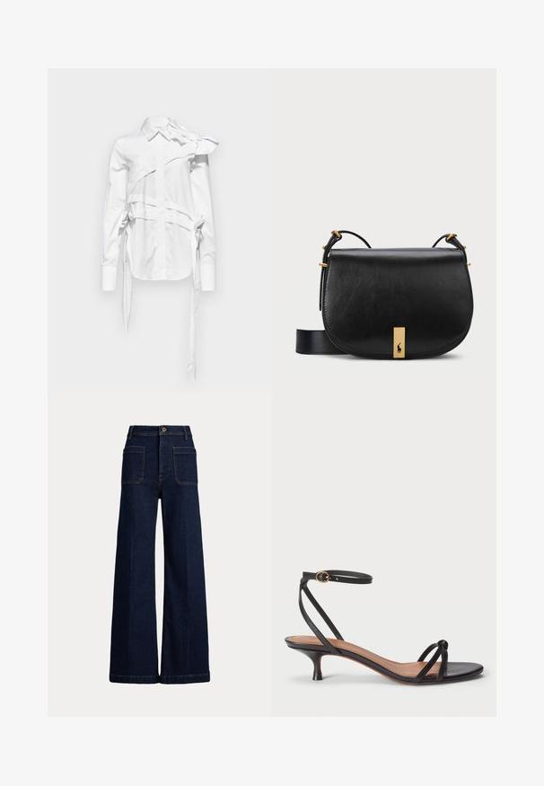 Weißes Hemd mit einem einzigartigen asymmetrischen Design, großen Schleifen an einer Schulter, Krawattenakzenten an den Seiten und einem klassischen Kragen.; Weite, dunkelblaue Jeans mit hohem Bund, Fünf-Taschen-Design und kontrastierenden Nähten. Sie verfügt über einen Knopfverschluss und eine strukturierte Form.; Polo Ralph Lauren LEATHER KITTEN-HEEL SANDAL - Pumps - black; Schwarze Leder-Umhängetasche mit einem goldfarbenen Metallakzent und verstellbarem Riemen, die über eine glatte Textur und eine geschwungene Form verfügt.