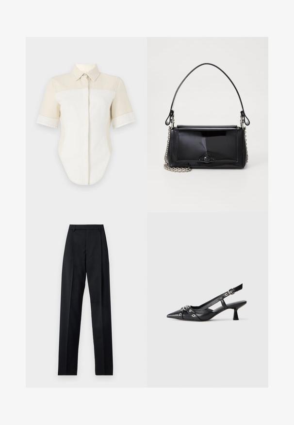 Camisa de manga curta com um design em blocos de cor bege claro e branco, apresentando um colarinho pontudo e fechamento com botão. Feita de um tecido suave.; Calças pretas feitas de um tecido suave, com uma cintura alta, pernas largas, pregas frontais e passadores de cinto clássicos. Não há bolsos laterais visíveis.; Sapato slingback em couro preto com biqueira fina, tiras decorativas com ilhós de metal e um pequeno salto quadrado. Superfície texturizada.; Bolsa de mão em verniz preto com formato retangular, alça de corrente e um detalhe de hardware distinto no centro. Textura suave.