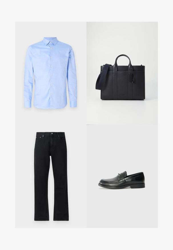 Svijetloplava košulja s dugim rukavima, oštrim ovratnikom i bijelim gumbima. Ima uzorak na unutarnjoj strani ovratnika. Glatka tekstura tkanine.; Crne traperice od denima s ravnim nogavicama, s zatvaranjem na gumbe, pet džepova i suptilnim detaljima šivanja.; Crne kožne mokasine s zaobljenim vrhom, koje imaju šivani dizajn, mali prednji remen s metalnim detaljima i ravni gumeni potplat.; Tamno plavi kožni aktovka s dvije gornje ručke i odvojivim remenom. Ima teksturiranu površinu, vertikalno šivenje i detalj s logotipom.