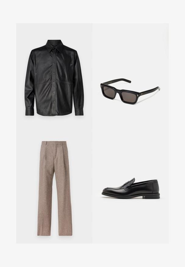 Jachetă din piele neagră, cu guler ascuțit, închidere cu nasturi în față, mâneci lungi și detalii de cusătură vizibile. Textură netedă.; Pantaloni bej, cu talie înaltă, dintr-un material texturat. Prezintă picioare late și două pliseuri frontale pentru structură. Finisaj îngrijit, fără accesorii vizibile.; Mocasini din piele neagră cu o textură netedă, vârf rotund și o curea decorativă peste partea superioară. Toc mic, design minimalist.; Ochelari de soare negri, rectangul care au lentile întunecate, ramă din plastic gros, accente aurii pe brațe și logo-ul brandului gravat pe mâner.; Geantă de umăr din piele neagră, cu un buzunar frontal cu fermoar, logo embosat și curea reglabilă. Textură netedă cu o formă structurată.