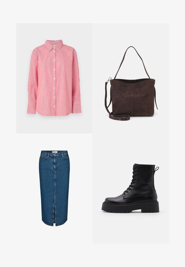 Red and white vertically striped long-sleeve button-up shirt with collar and wide cuffs, displayed on a plain white background.; Denim pencil skirt in dark blue, featuring a front slit, five pockets, and contrasting stitching. Mid-rise waist with a classic design.; Black leather ankle boots with a round toe, lace-up front, and a thick rubber sole featuring a textured tread. Pull tab at the back.; Brown suede tote bag with a soft texture, featuring a single shoulder strap and a subtle curved top opening. No visible hardware details.