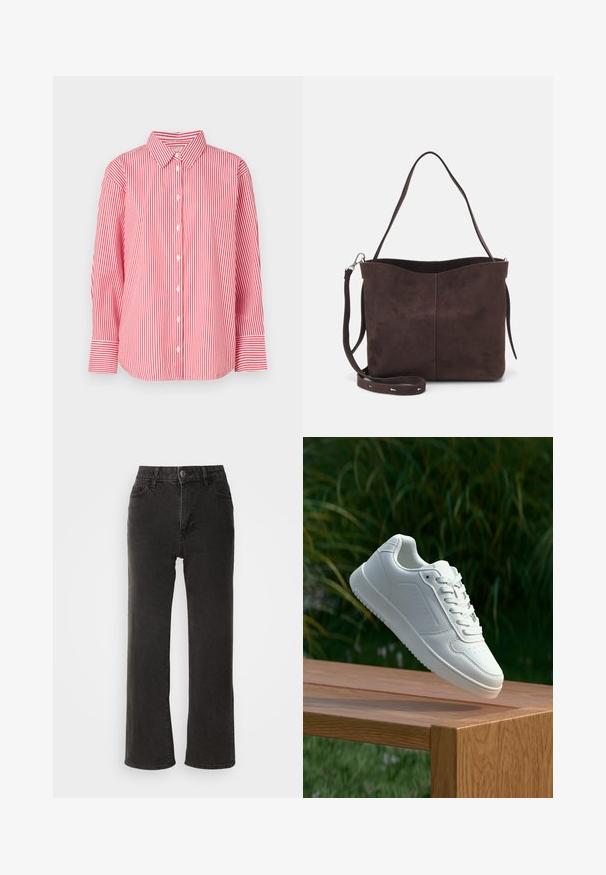 Red and white vertically striped long-sleeve button-up shirt with collar and wide cuffs, displayed on a plain white background.; Black wide-leg jeans made of denim, featuring a front button closure, belt loops, and five pockets with a slightly faded texture.; White sneaker with a smooth synthetic upper, perforated toe box, flat laces, and a textured sole, displayed on a wooden surface.; Brown suede tote bag with a soft texture, featuring a single shoulder strap and a subtle curved top opening. No visible hardware details.