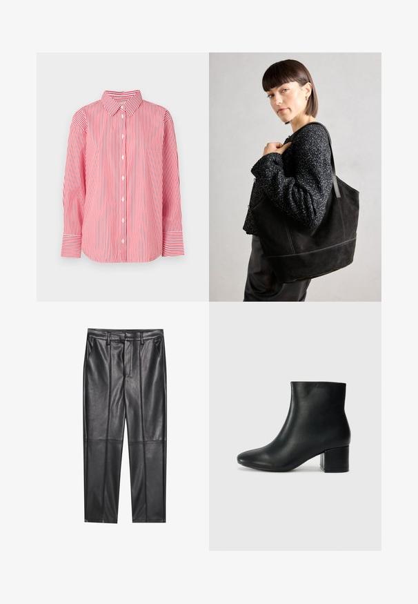 Röd och vit vertikalt randig långärmad skjorta med krage och breda manschetter, uppvisad mot en enkel vit bakgrund.; Svarta läderbyxor med en slät textur, med rak passform, två framfickor och synliga sömdetaljer.; Svarta läderankelstövlar med spetsig tå och kraftig klack. Slät textur med minimala accenter och en stilren, åtsittande design.; Svart mocka tote-väska med en slät textur, strukturerad form och kontrasterande sömmar. Har långa bärremmar för axelbärande.