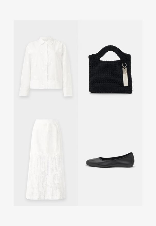 Hvit langermet jakke med subtil blomsterbroderi, spiss krage, og rett snitt med knapper. Myk, strukturert stoff.; Strikket hvit midiskjørt med et teksturert mønster med vertikale linjer og utklippsdetaljer nær kanten. Elastisk midje. Mykt materiale.; Svart skinnballettflatt med rund tå, glatt tekstur, minimal sømdetalj, og et fleksibelt såledesign.; Won Hundred MARSIELLE COMPUTER BAG UNISEX - Dataveske - black
