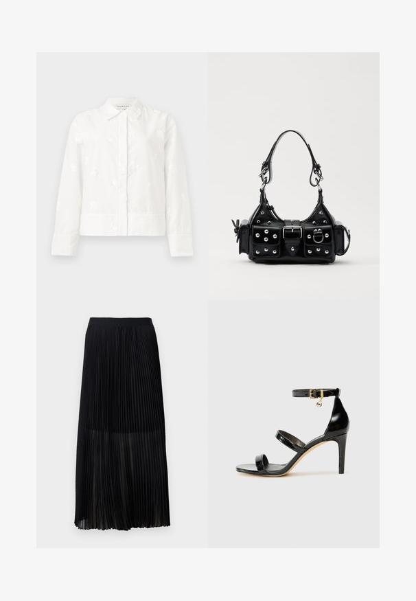 Vit långärmad jacka med subtil blommig broderi, spetsig krage och rak passform med knappstängning. Mjuk, strukturerad tyg.; Svart plisserad midikjol med en slät, elastisk midja och en genomskinlig överdel, som har fina vertikala plisseringar över hela tyget.; Svart lackskinnsandaler med tre remmar, ankelspänne och 10 cm stilettklack. Har detaljer i guldmetall och logokaraktär.; Svart läderhandväska med en kurvad design, prydd med silverfärgade nitar, ett spänne och två sidofickor. Justerbar rem för olika bäralternativ.