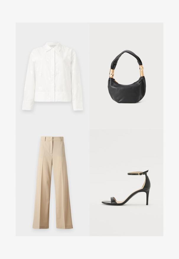 Fehér, hosszú ujjú dzseki finom virágmintás hímzéssel, hegyes gallérral és egyenes fazonnal, gombos záródással. Puha, texturált anyag.; Beige színű, bő szabású nadrág sima anyagból, lapos elejével, redőkkel, cipzáras záródással és övhurkokkal. Összességében testreszabott szabású.; Fekete bőr magassarkú szandál bokapánttal. Simább textúrájú, nyitott orrú és vékony sarkú. Arany színű csat részlet.; Fekete bőr kézitáska kerek formával, puha textúrával és csomózott fogantyúval, aranyszínű fém díszítéssel. Cipzáras záródás.