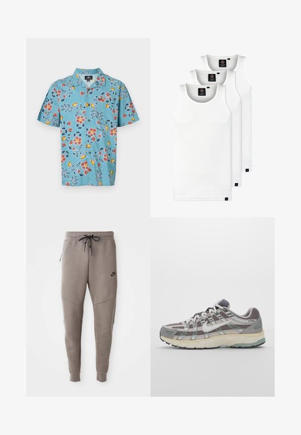 Helles blaues kurzärmeliges Hemd mit einem floralen Muster in Rot, Gelb und Dunkelblau, ausgestattet mit einem klassischen Kragen und Knopfverschluss.; Drei weiße, gerippte Tanktops aus Baumwolle. Merkmale einen Rundhalsausschnitt und kleine schwarze Etiketten am Saum. In mehreren Größen erhältlich.; Graue Nike-Sweatpants mit einem Kordelzugbund, schmal zulaufenden Beinen, seitlichen Taschen und auffälliger Nahtgestaltung. Weicher, strukturiert Stoff.; Grauer Sportschuh mit einem Obermaterial aus Mesh und Wildleder, weißen Akzenten, einer gepolsterten Sohle und einem charakteristischen Design mit reflektierenden Elementen.