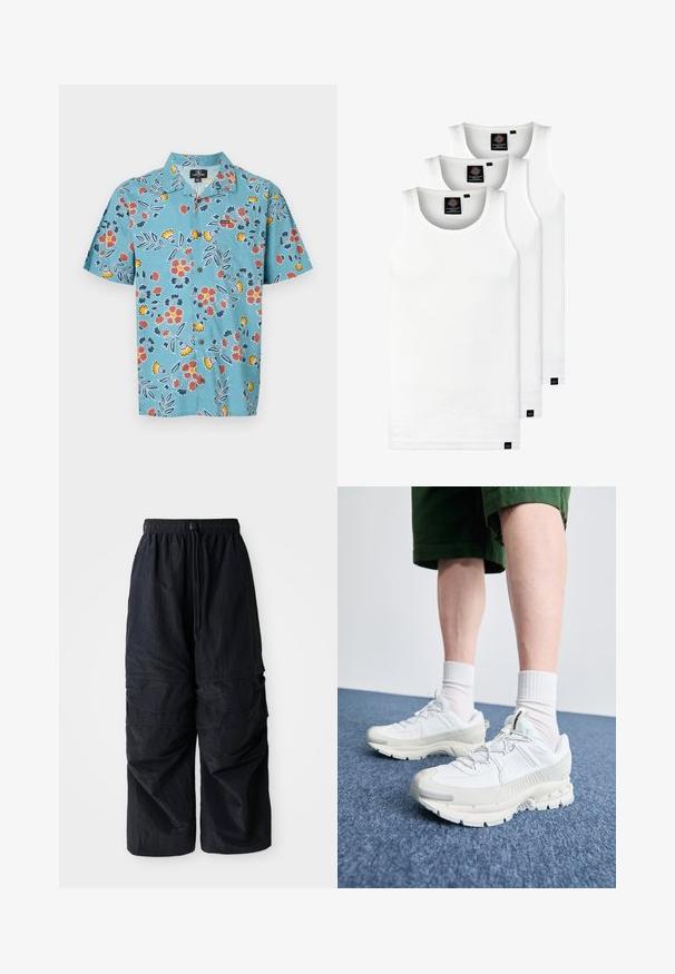 Light blue short-sleeve shirt with a floral pattern in red, yellow, and dark blue, featuring a classic collar and button closure.; Three white ribbed tank tops made of cotton. Features a crew neck and small black labels near the hem. Available in multiple sizes.; Black lightweight nylon cargo pants with elastic waistband, adjustable drawstring, and multiple layered pockets on legs.; White athletic shoes with textured overlays, a chunky sole, and gray accents. Worn with white crew socks and green shorts on a blue surface.