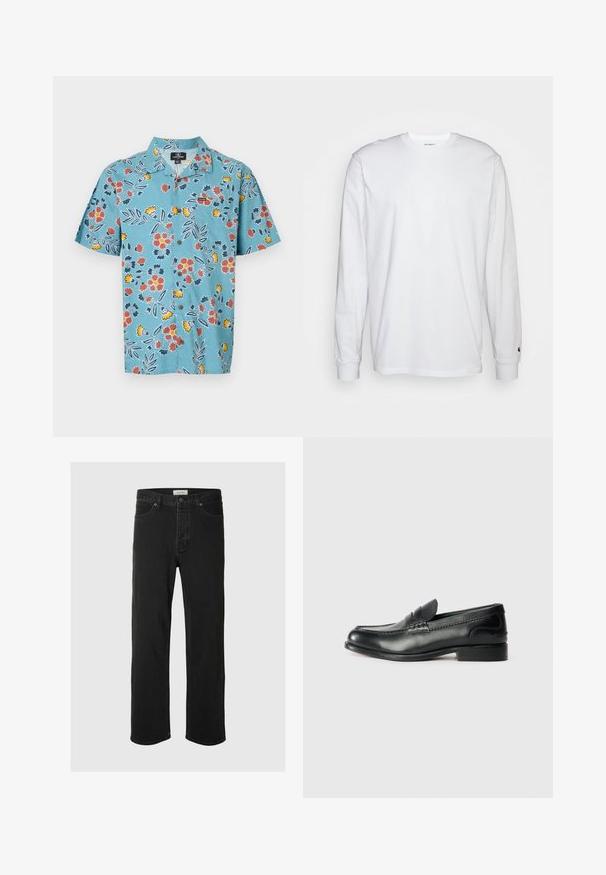 Helles blaues kurzärmeliges Hemd mit einem floralen Muster in Rot, Gelb und Dunkelblau, ausgestattet mit einem klassischen Kragen und Knopfverschluss.; Weißes Langarm-T-Shirt aus Baumwolle. Rundhals-Design mit gerippten Bündchen und kleinem Logo auf dem linken Ärmel. Glatte Textur.; Schwarze Denim-Jeans im Straight-Leg-Schnitt verfügen über ein klassisches Fünf-Taschen-Design mit Knopfverschluss, minimaler Naht und einer weichen Textur.; Schwarze Lederloafers mit glatter Oberfläche, gesteppten Details über dem Vorderblatt und einem leicht erhöhten Absatz.