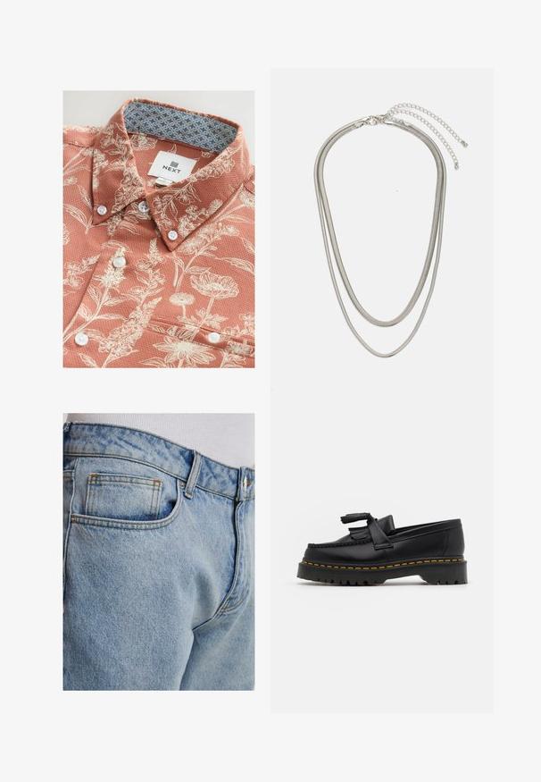 Kurzärmeliges Hemd in Koralle mit weißem Blumenmuster, strukturiertem Stoff, weißen Knöpfen und einem kontrastierenden gemusterten inneren Kragen. Markenlabel sichtbar.; Hellblaue Denim-Jeans mit klassischem Schnitt, ausgestattet mit einer Gesäßtasche, kontrastierenden Nähten und einer glatten Textur.; Schwarze Lederloafers mit einem fransenverzierten Akzent, ausgestattet mit einer robusten schwarzen Sohle und gelber Naht entlang der Kante. Texturierte Oberfläche.; Dreischichtige Halskette aus Silbermetall mit schlanken, flexiblen Ketten mit leichtem Glanz, gesichert mit einem Karabinerverschluss und verstellbarer Kette.