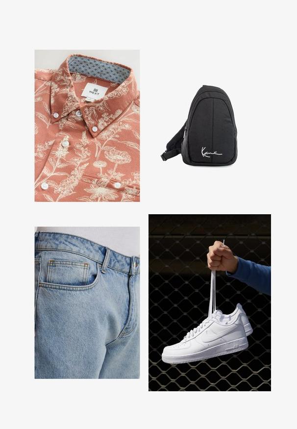 Chemise à manches courtes en corail avec imprimé floral blanc, tissu texturé, boutons blancs et col intérieur à motifs contrastants. Étiquette de marque visible.; Jean en denim bleu clair avec une coupe classique, doté d'une poche arrière, de surpiqûres contrastées et d'une texture lisse.; Baskets en cuir blanc avec perforations, à bout rond, semelle plate et lacets épais, arborant un logo swoosh visible et "AIR" sur le talon.; Sac à dos en toile noire avec une texture lisse, arborant un design courbé, un compartiment zippé et un logo blanc sur le devant.