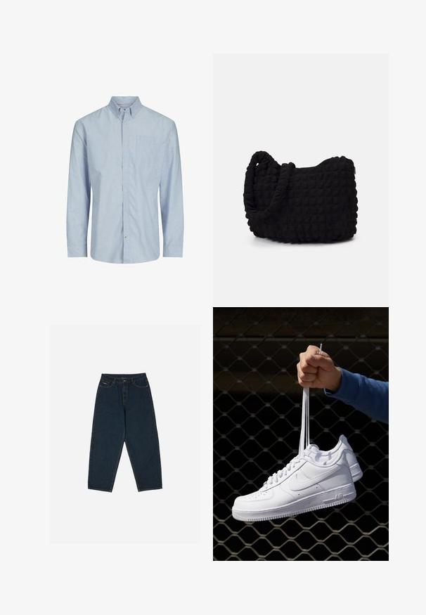 Gestreiftes Langarmshirt in Hellblau und Weiß, mit Button-Down-Kragen, Brusttasche und geradem Schnitt. Baumwollmischgewebe.; Dunkelblaue, hochgeschnittene Jeans mit lockerer Passform, ausgestattet mit fünf Taschen und einem Knopfverschluss. Hergestellt aus Denim mit glatter Textur.; Weiße Leder-Sneaker mit Perforationen, runder Zehenpartie, flacher Sohle und dicken Schnürsenkeln, mit sichtbar eingesticktem Swoosh-Logo und "AIR" an der Ferse.; Schwarze Stofftasche mit einer strukturierten, gesteppten Oberfläche. Abgerundete Form, kurze, dicke Griffe und eine weiche, flexible Struktur.