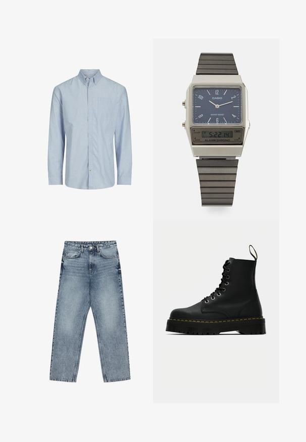 Camicia a maniche lunghe a righe in blu chiaro e bianco, dotata di colletto con bottoni, tasca sul petto e taglio dritto. Tessuto misto cotone.; Jeans in denim azzurro chiaro con taglio a gamba dritta, cuciture visibili, design a cinque tasche e chiusura a bottoni in vita.; Stivali alla caviglia neri in pelle con lacci, dotati di una suola in gomma testurizzata e spessa, e dettaglio in cucitura gialla attorno alla piattaforma.; Orologio digitale Casio con quadrante blu, cassa argentata e cinturino in gomma nera a strati. Mostra l'ora e le impostazioni dell'allarme. Resistente all'acqua.