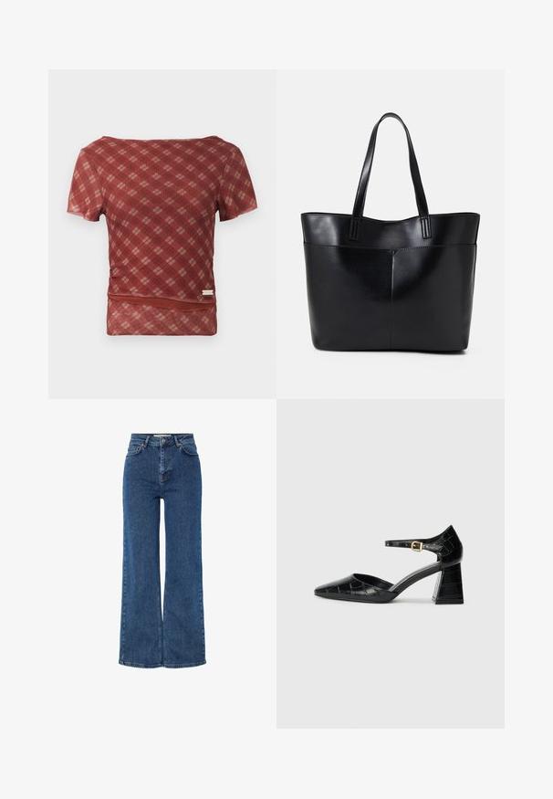 Top de manga curta em padrão xadrez vermelho e bege, com uma textura suave e cintura ajustada, apresentando uma bainha com um discreto detalhe franzido.; Jeans de ganga azuis de cintura alta com pernas largas, apresentando um design tradicional de cinco bolsos, fecho de botão de metal e costura em contraste.; Sapato de salto alto em couro envernizado preto com bico apontado, tira no tornozelo e padrão texturizado de crocodilo. Design de salto quadrado.; Bolsa tote preta em couro com duas alças longas, textura suave e forma estruturada. Apresenta um bolso frontal para armazenamento adicional.