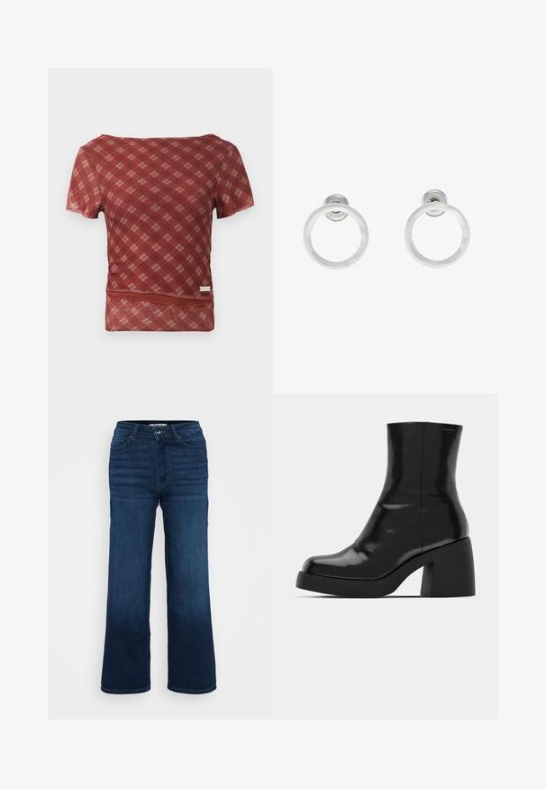 Kratka majica s kratkim rukavima u crveno-bež kariranom uzorku s glatkom teksturom i strukiranim strukom, koja ima donji rub s suptilnim nabranim detaljem.; ONLY Petite ONLMADISON BLUSH WIDE - Široke nogavice - dark blue denim; Crne gležnjače s sjajnom površinom, četvrtastim vrhom i debelim blok petama. Dizajn ima besprijekornu siluetu i minimalno brendiranje.; Srebrne metalne naušnice u obliku prstena s brušenom teksturom, s kružnim dizajnom i prozirnom vrstom kopče za sigurno nošenje.