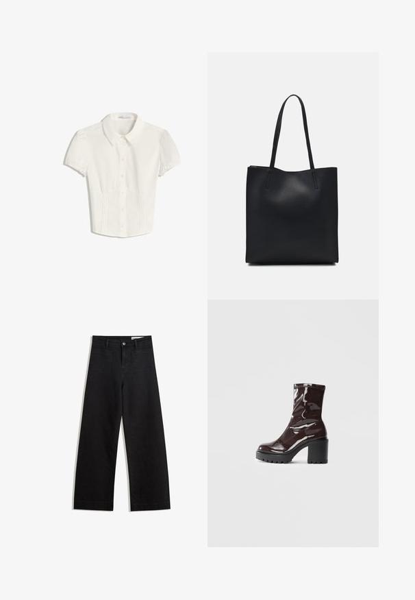 Cămașă albă cu mâneci scurte, guler și închidere cu nasturi, cu detalii pliate pe laterale, concepută pentru un aspect ajustat.; Pantaloni din denim negri cu picioare largi, cu talie înaltă, având buzunare frontale și posterioare, cusături dublate și închidere cu nasture. Textură netedă.; Botine lucioase burgundy, cu toc gros negru, având o textură netedă și un design simplu. Fără închideri sau modele vizibile.; Geantă tote neagră din piele, cu textură netedă, formă rectangulară și două mânere lungi. Fără hardware vizibil sau ornamente.