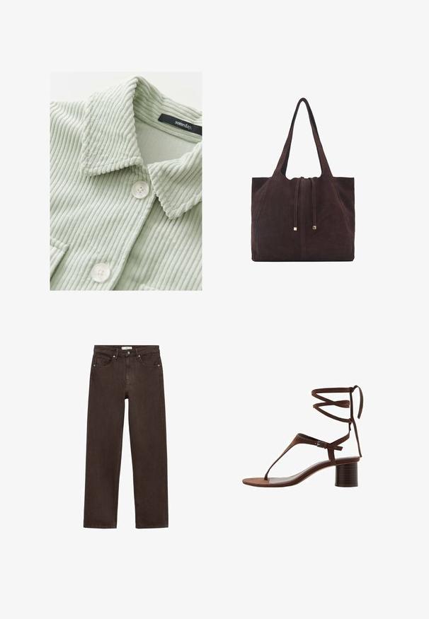 someday. ZOHANNA - Button-down blouse - pale jade; Brown wide-leg jeans made from denim, featuring a classic five-pocket design, button closure, and subtle stitching details.; Brown suede high-heeled sandal with a triangular toe strap, ankle ties, and a textured block heel for stability.; Mango Tote bag - dark brown