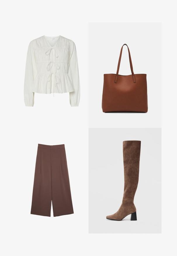 Weiße Bluse mit langen Ärmeln, drei vorderen Bindeschließen, gerafften Stoffdetails, elastischen Bündchen und einem Peplum-Saum.; Braune Weite-Leg-Hosen mit einer glatten Textur, hoher Taille und Vorderfalten. Der Stoff ist leicht und fällt locker.; Braune Overknee-Stiefel aus weichem Wildleder mit spitzer Zehenform und einem massiven schwarzen Absatz. Das Design verfügt über nahtlose Nähte für einen eleganten Look.; Braune Leder-Tote mit glatter Textur, offenem Oberteil und zwei Schulterriemen. Verfügt über minimale Nähte und keine sichtbaren Beschläge.