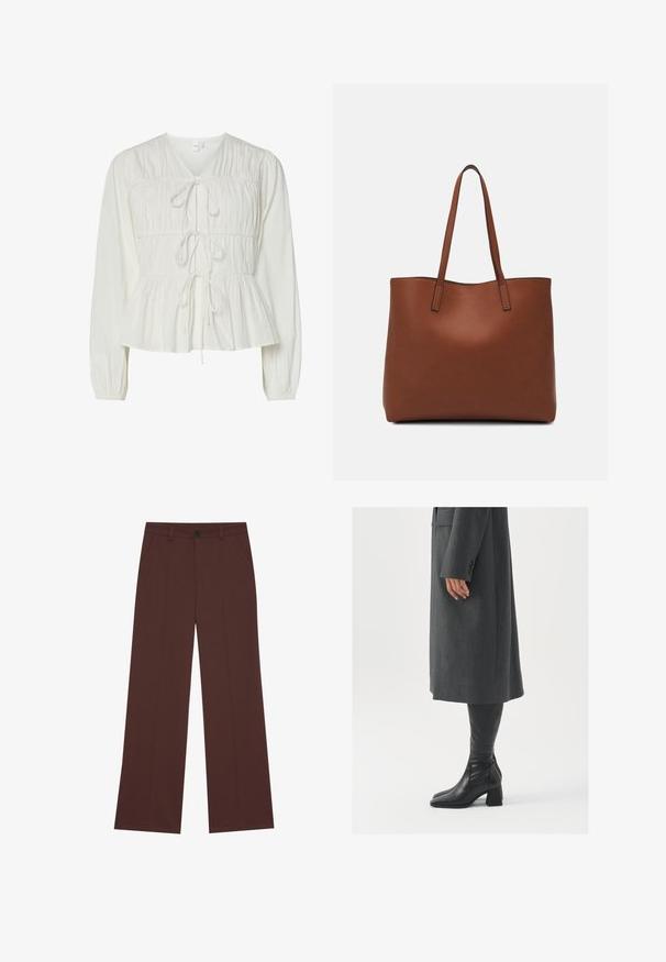 Fehér, hosszú ujjú blúz, három elülső megkötő pánttal, gyűrt szövet részletekkel, rugalmas mandzsetta ujjakkal és peplum stílusú alsó résszel.; Bő szárú nadrág gazdag barna szövetből. Gombos záródás, két elülső zseb, sima textúra és tiszta vonalak jellemzik.; Szürke, szabott overál, egyenes vonallal; térd fölé érő fekete bőrcsizmákkal párosítva, négyzetes orral és vastag sarokkal.; Barna bőr vászontáska sima textúrával, nyitott tetejű dizájnnal és két vállpánttal. Minimális varrással és látható hardver nélkül készült.