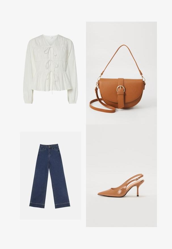 Hvit langermet bluse med tre frontlisser, samlet stoffdetaljer, elastiske mansjetter og en peplumstil nederst.; Videbenede dressbukser i mørkeblå denim. Har fem lommer, beltestropper og en rå kant i bunden med synlige stikninger.; Spiss tå slingback hæl i et glat, glinsende brunt materiale. Har et buet utskårent design og en slank stilett hæl. Sølvspenne detalj.; Brun lærcrossbody-veske med en buet form, gullhardware og et spenneakcent. Har en avtakbar skulderreim.