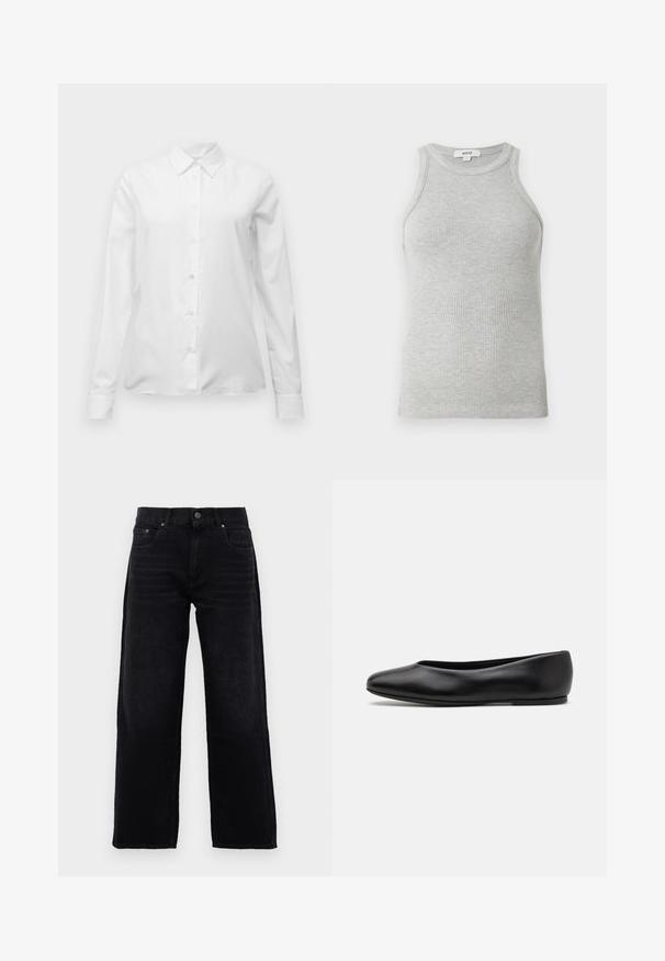 White long-sleeve button-up shirt with pointed collar, tailored fit, and cuffs, displayed against a plain white background.; Gray ribbed tank top with a fitted design, wide armholes, and a rounded neckline. Made from soft cotton fabric with a smooth texture.; Black straight-leg jeans with front pockets, belt loops, and button closure, shown against a plain light gray background.; Paul Smith TOPANGA - Ballet pumps - black