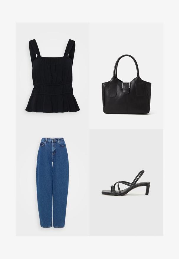Fekete, ujjatlan felső széles pántokkal, ráncolt textúrával, gumis derékkal és bővülő peplum szegéllyel. Puha, rugalmas anyagból készült.; Kék farmernadrág laza szabással, magas derékkal és egyenes lában. Hagyományos varrással és öt zsebbel rendelkezik.; Fekete pántos szandál négyzetes orral és alacsony blokk sarkal. Több vékony pánttal és állítható boka pánttal rendelkezik. Sima bőrből készült.; Fekete bőr bevásárlótáska sima textúrával, strukturált formával, két fogantyúval és egy figyelemfelkeltő ezüst csattal az elején.