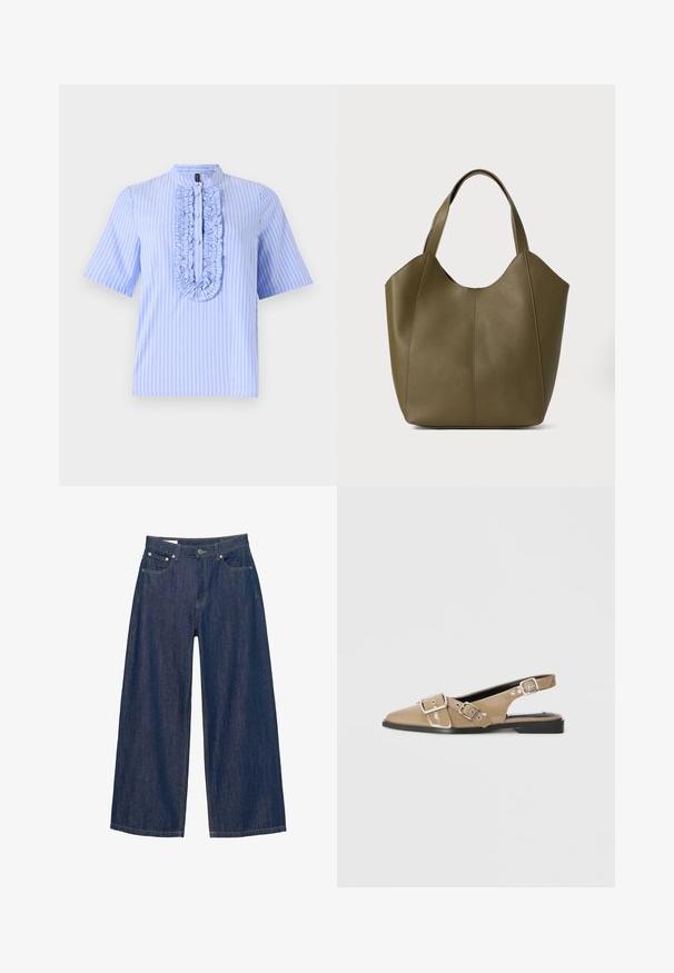Világoskék, rövid ujjú ing, függőleges fehér csíkokkal, fodros gallérral és mandarin nyakkal. Puha szövettextúra.; Sötétkék farmer széles szárú nadrág, gombos záródással, elülső zsebekkel és sárga varrással az illesztéseknél. Simogató tapintás.; Beige színű, fényes anyagú slingback cipők, hegyes orral, két állítható csattal és alacsony fekete sarokkal. Simára polírozott felület.; Olivazöld bőr kézitáska dupla pántokkal, sima textúrával és négy paneles kialakítással. Erősített varrás a varratok mentén a tartósság érdekében.