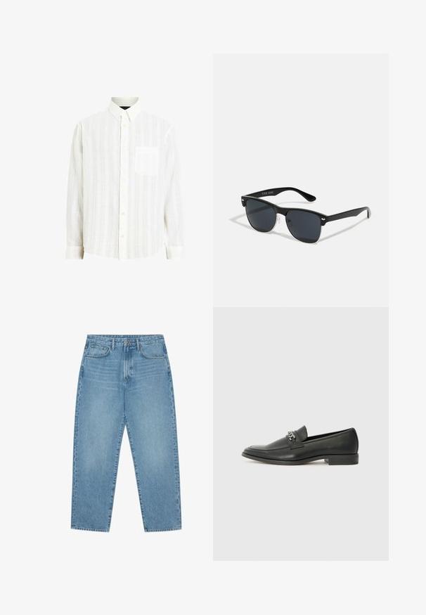 Chemise blanche à boutons avec un motif rayé texturé, manches longues et poche poitrine ; elle présente un col classique et une fermeture à boutons.; Jean large en denim bleu clair avec taille haute, dotés de cinq poches, passants de ceinture et d'une texture douce légèrement délavée.; Mocassin en cuir noir avec une finition lisse, présentant un design cousu et une accent décoratif en chaîne métallique sur le rand. Talon plat.; Lunettes de soleil noires de forme rectangulaire, verres foncés, accents argentés aux tempes et finition mate sur la monture.