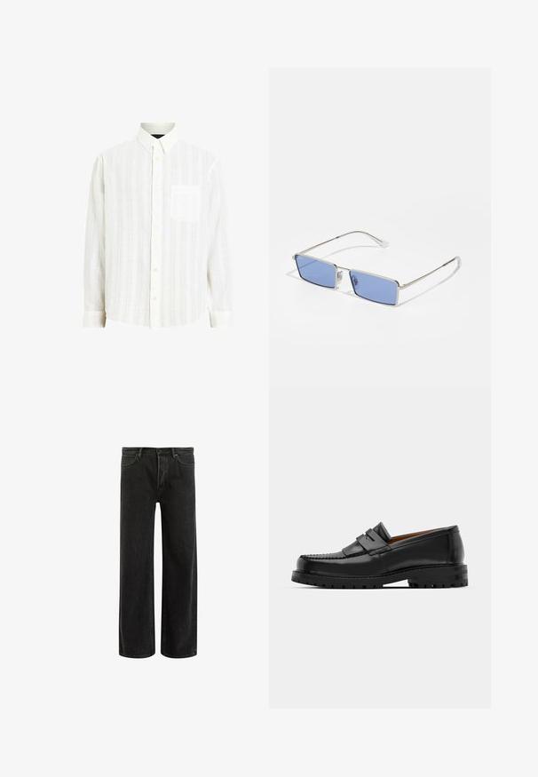 Biała koszula zapinana na guziki z teksturowanym wzorem w paski, długie rękawy i kieszonka na piersi; charakteryzuje się klasycznym kołnierzykiem i zapięciem na guziki.; Czarne dżinsy o szerokich nogawkach z wysokim stanem, z klasycznym pięciopunktowym krojem oraz delikatnym wyblaknięciem dla uzyskania teksturowanego wyglądu.; Czarne skórzane mokasyny mają wyraźny szew, dwa dekoracyjne paski na górze oraz grubą, teksturowaną podeszwę dla lepszej przyczepności.; Metalowe okulary przeciwsłoneczne o prostokątnym kształcie, z niebieskimi szkłami i srebrną oprawą. Posiadają poduszki na nosie oraz cienkie, proste ramiona zauszników.