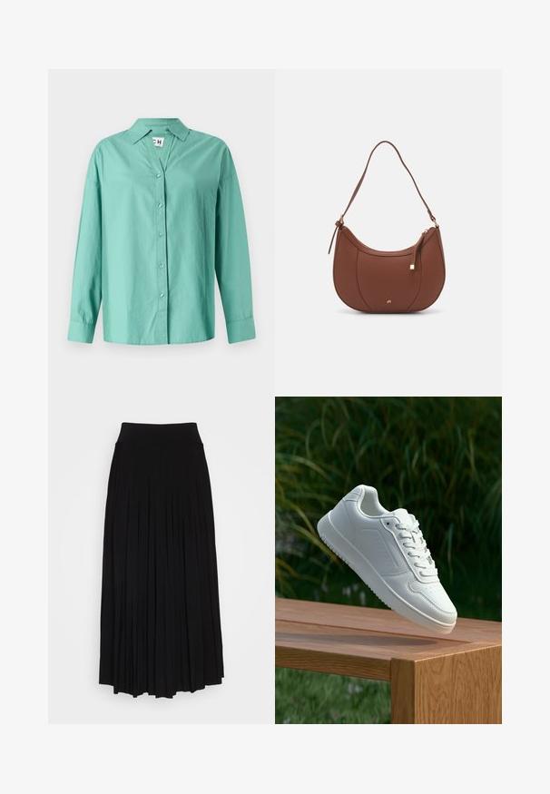 Camisa de botão verde-claro, feita de algodão, com colarinho, mangas longas e bainha reta, com um corte descontraído.; saia preta plissada com uma cintura alta e elástica. Feita de um tecido macio, com plissados verticais que criam uma silhueta fluida.; Sapatilha branca com um cabedal sintético liso, caixa dos dedos perfurada, atacadores planos e uma sola texturizada, exposta sobre uma superfície de madeira.; Mala de ombro em pele sintética castanha com forma curva, costura minimalista e detalhe em metal dourado. Apresenta fecho de zíper no topo e alça ajustável.