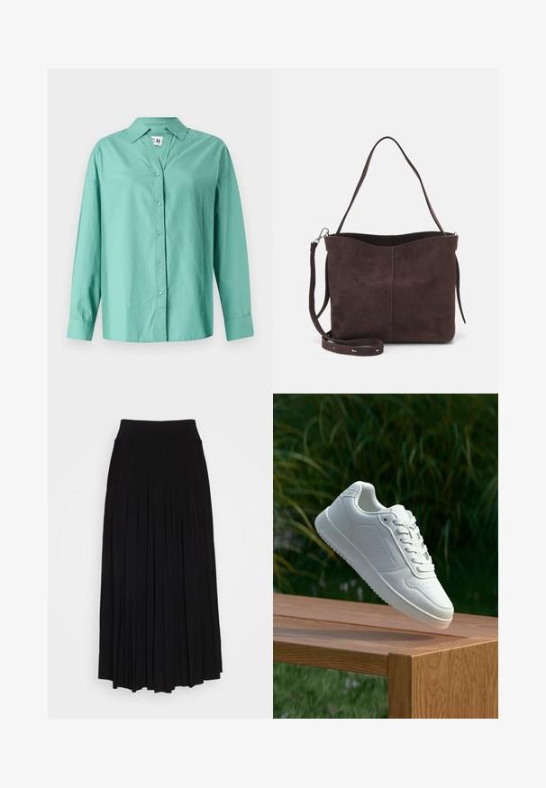 Camisa de botão verde-claro, feita de algodão, com colarinho, mangas longas e bainha reta, com um corte descontraído.; saia preta plissada com uma cintura alta e elástica. Feita de um tecido macio, com plissados verticais que criam uma silhueta fluida.; Sapatilha branca com um cabedal sintético liso, caixa dos dedos perfurada, atacadores planos e uma sola texturizada, exposta sobre uma superfície de madeira.; Saco tote em camurça castanha com uma textura suave, apresentando uma única alça de ombro e uma abertura superior levemente curvada. Sem detalhes de hardware visíveis.